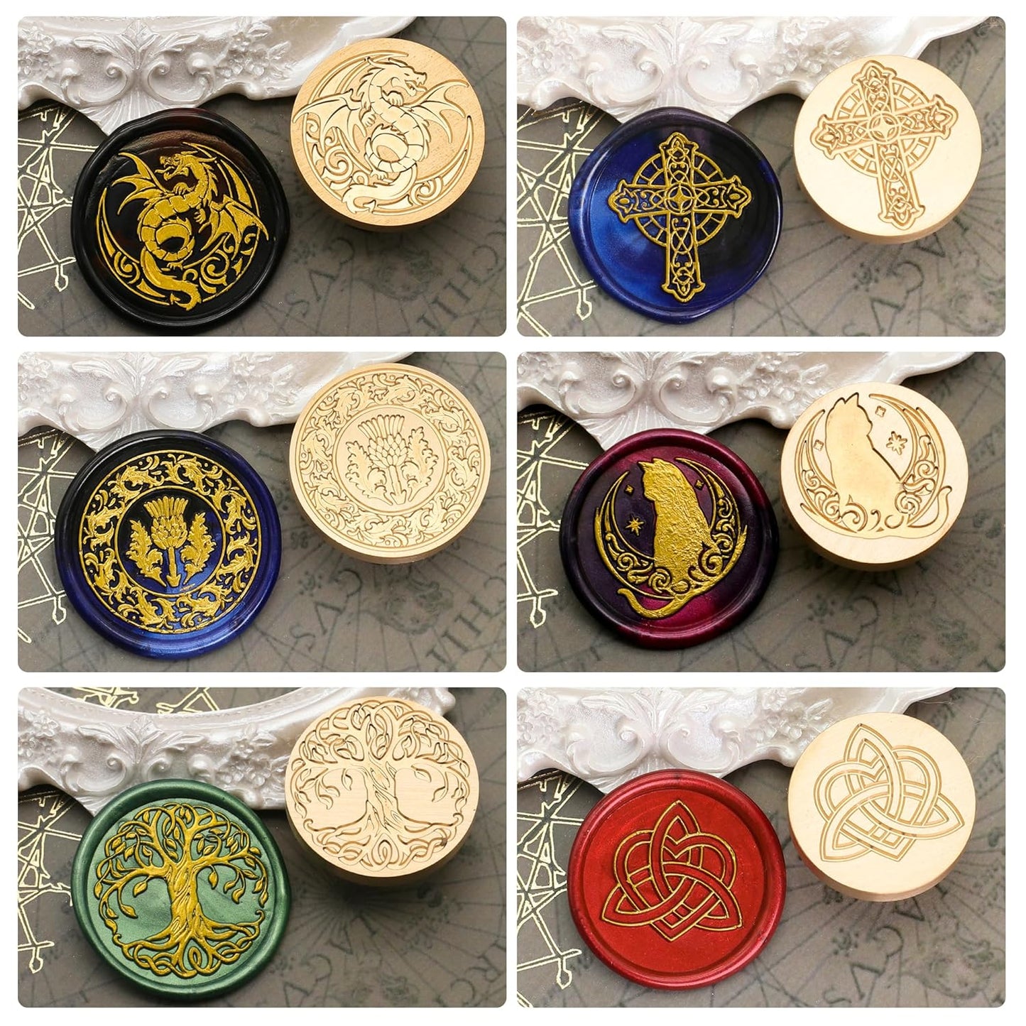 SWANGSA Celtic Wax Seal Stamp Gift Box Set, Vintage 6 Sealing Heads + 1 Wooden Hilt, Wax Stamp Kit for Party Invitations, Envelopes, Cards and Gift Packaging