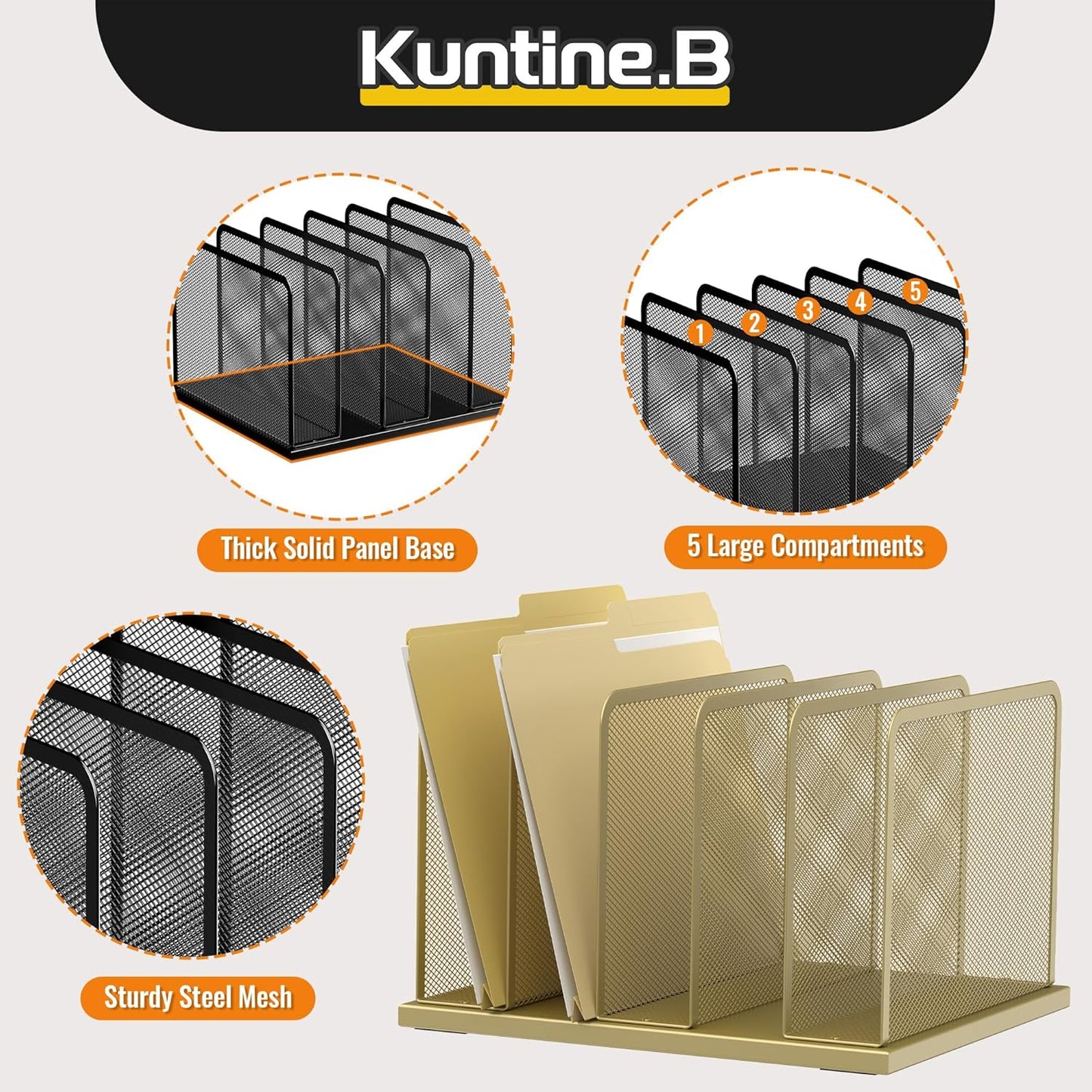 Kuntine.B Desk File Organizer Upright Mesh Desktop Organizer File Sorter Office Organization File Holder for Home, Office & Classroom (Gold, 1 Pack 5-Section)