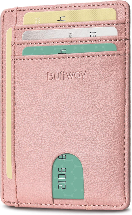 Buffway Slim Minimalist Front Pocket RFID Blocking Leather Wallets for Men and Women - Lichee Pink