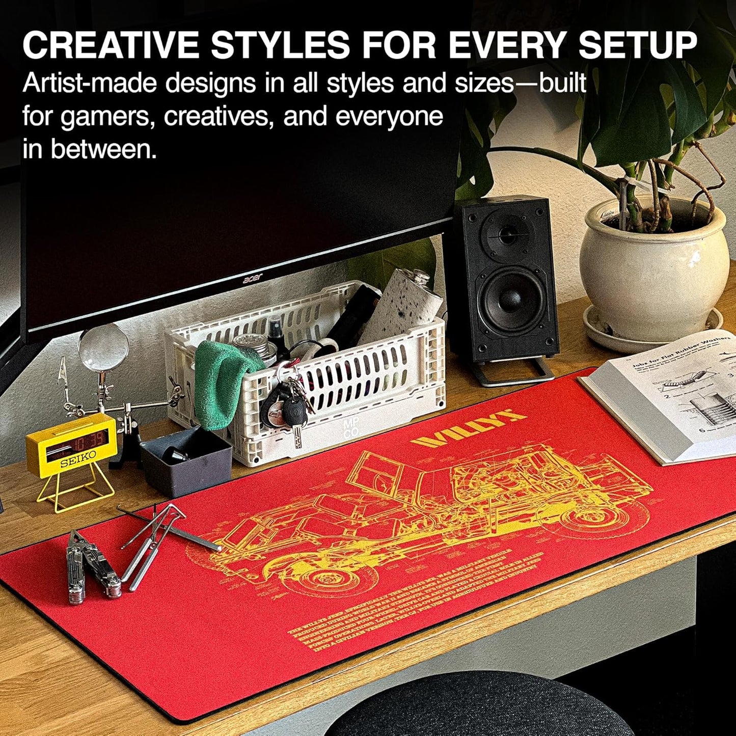 MPCO. Blueprints Large Gaming Desk Pad - 36" x 17" Aeroglyde Fabric Willys Jeep – Orange Desk Mats - Non-Slip, Washable, Smooth Glide for Precision Gaming & Work