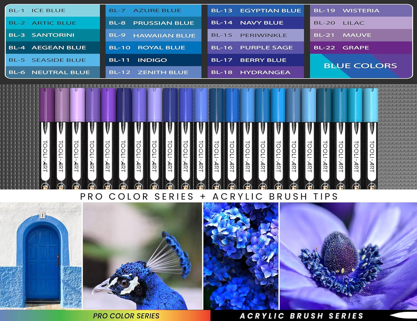 22 Flexible Brush Tip Acrylic Paint Pens Markers Set 1-7mm Line for Rock Painting, Brush Lettering, Glass, Mugs, Wood, Metal, Canvas, Fabric, Plastic. Non Toxic Waterbased Quick Drying Assorted Blue