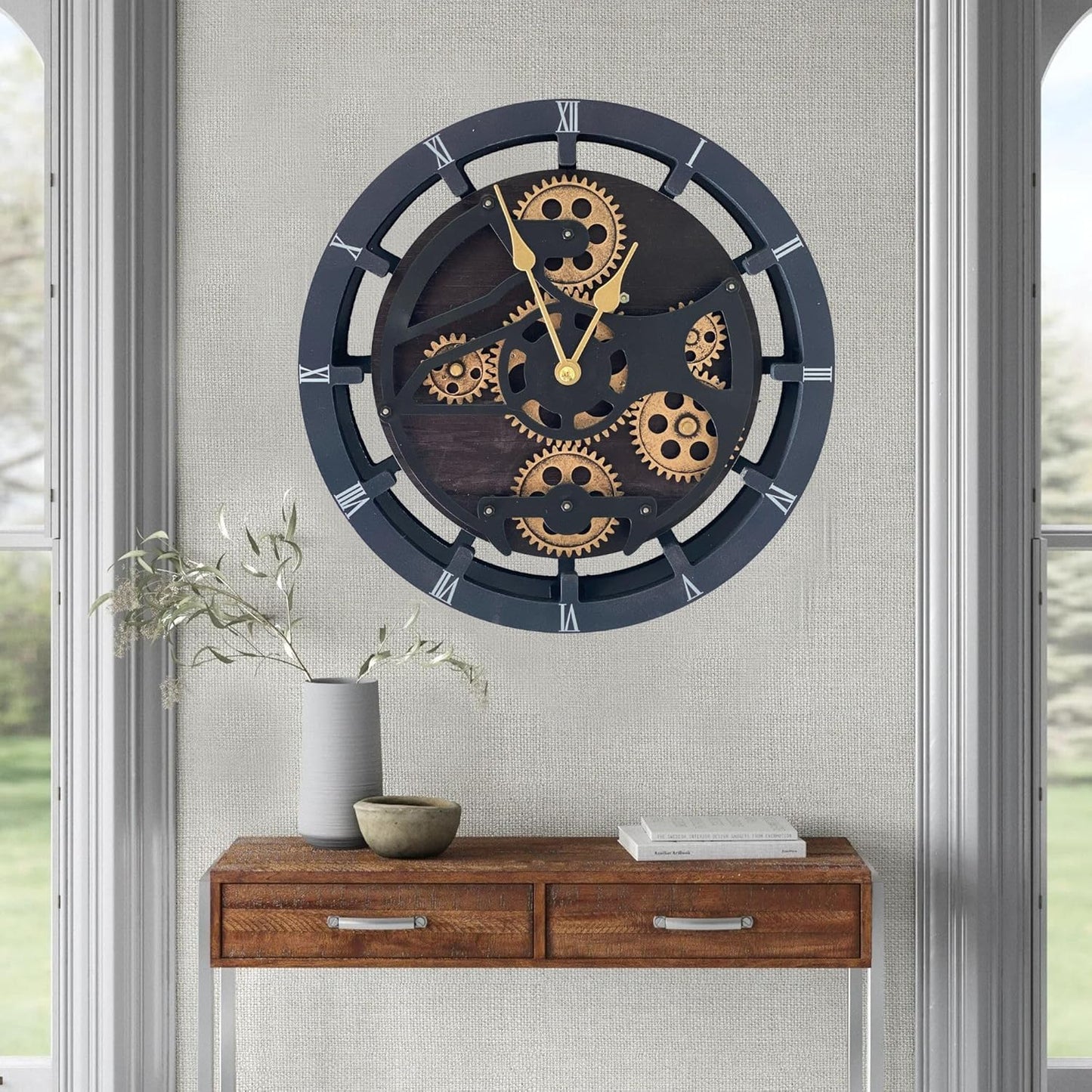 The Gears Clock 16 inches Wall Clock with Real Moving Gears Convertible into a Big Mantel Clock (Vintage Black)