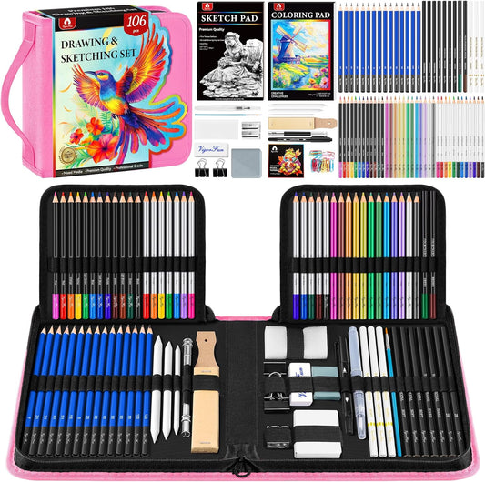 106 PCS Art Supplies Sketching Kit, Pro Drawing Pencils with 3-Color Sketchbook, Coloring Book, Colored Graphite Charcoal Watercolor & Metallic Pencils, Drawing Supplies Gifts for Artists Adults Kids