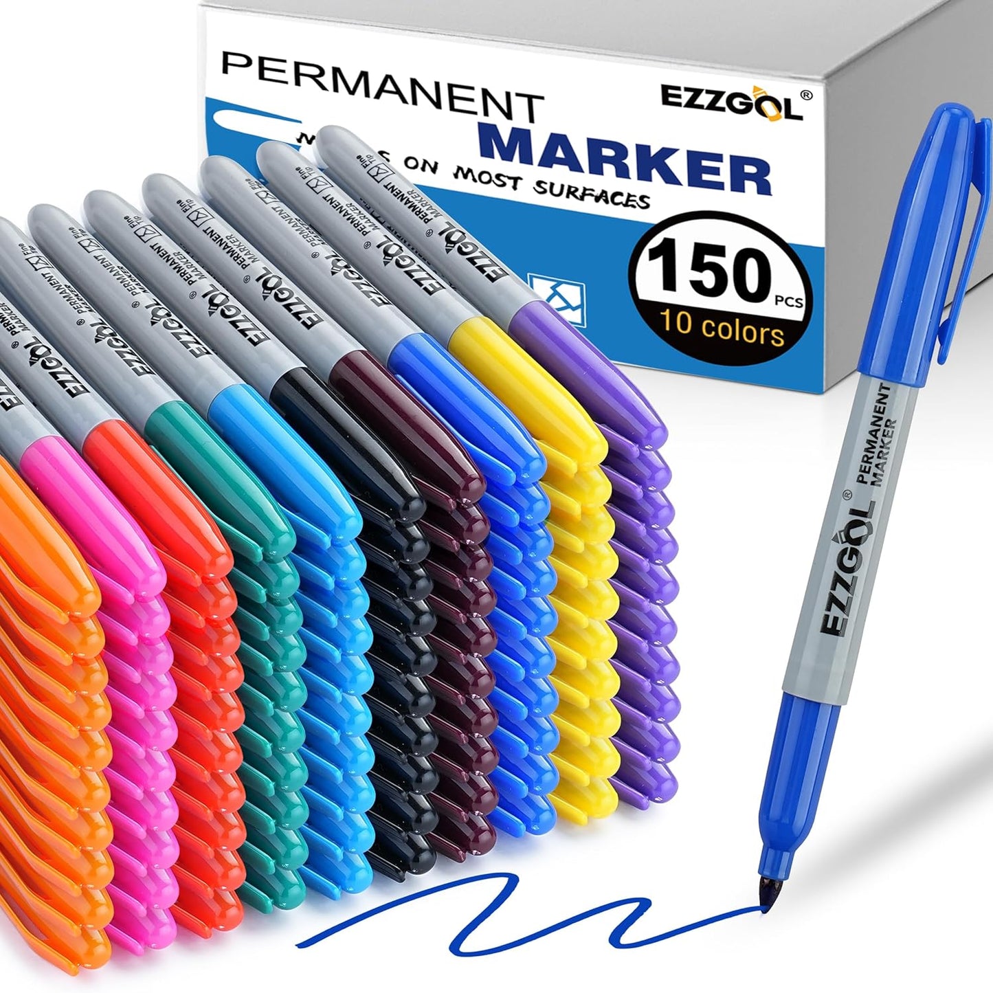 Permanent Markers Bulk, 150 Pack Fine Tip Multicolors Permanent Markers, 10 Assorted Colors Waterproof Markers, Premium Smear Proof Pens, Quick Drying, Office Supplies for School, Office, Home