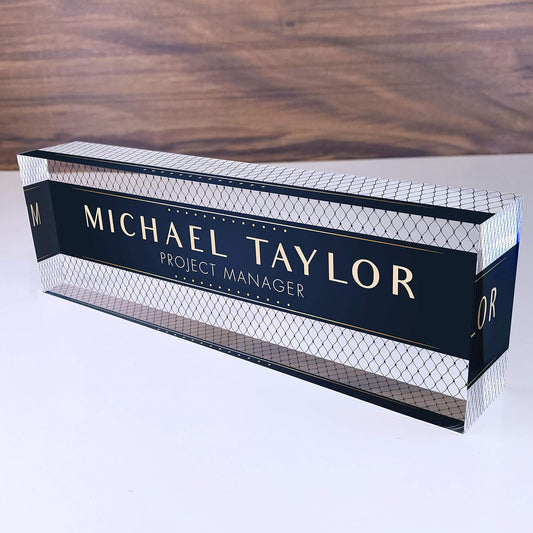 Artblox Office Desk Name Plate Personalized | Custom Name Plates for Desks | Net Shape Design On Clear Acrylic Glass | Office Desk Decor - (8" x 2.5")