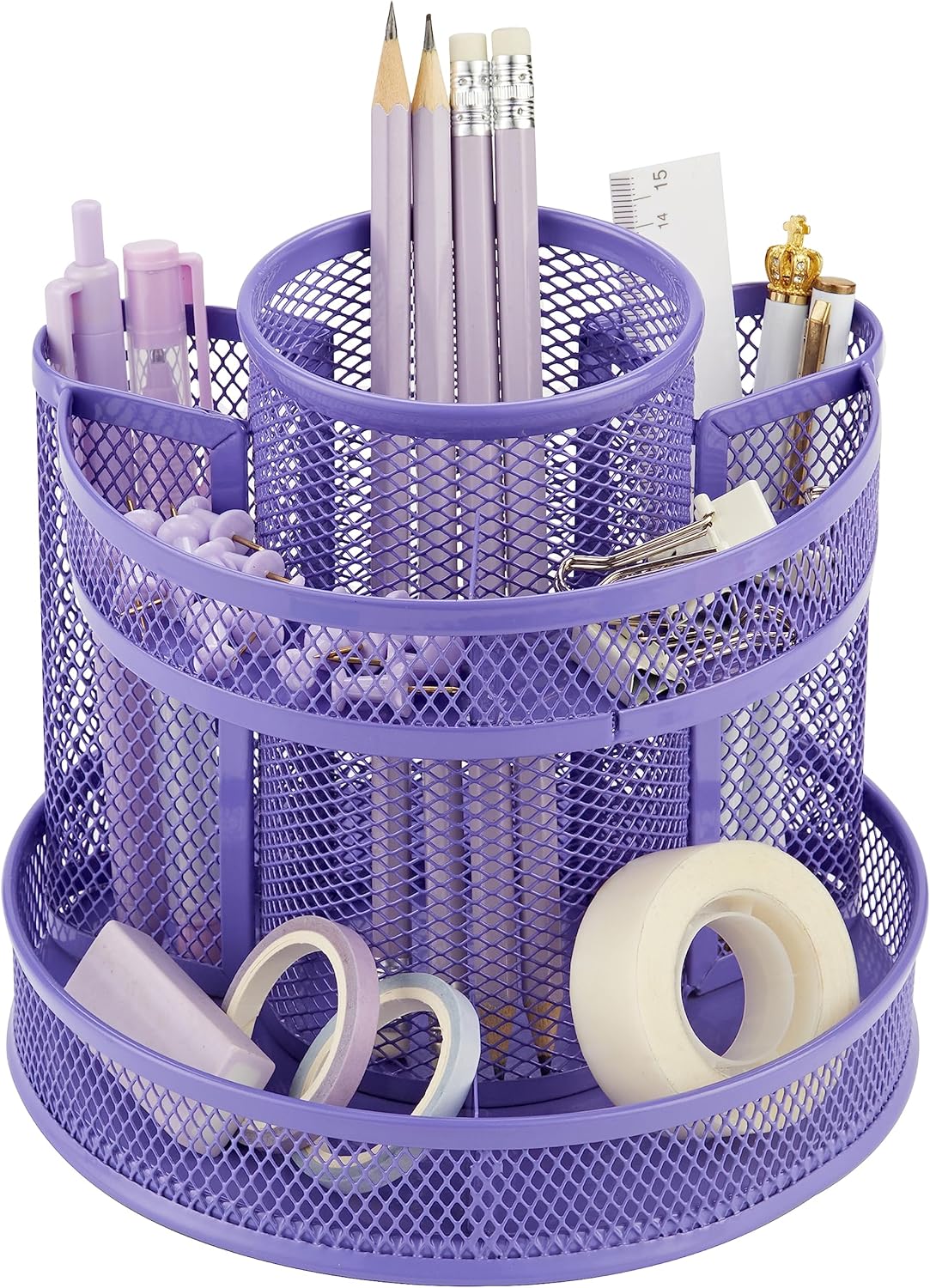 Annova Mesh Desk Organizer Rotate with 5 Compartments Round Spinning Tidy Candy/Pen Holder Desk Accessories Office, Art Supply, Storage, Classroom, Home (Purple)