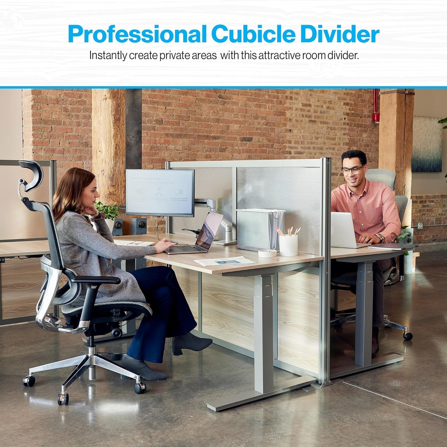 NBF Office Partition Room Divider - 76" H x 72" W Gray, Large Privacy Screen, Portable Partition Wall, Free Standing Office Divider