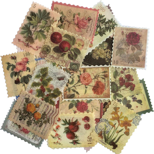 60pcs Vintage Postage Stamp Stickers, Aesthetic Botanical Deco Paper Sticker for Scrapbooking, Journaling Supplies, Planners, Kid DIY Art Crafts, Bullet Journal Ephemera