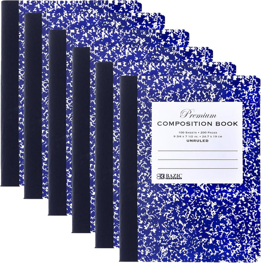 BAZIC Composition Book Blue Marble Unruled Ruled 100 Sheet Notebook, Blank Page Journal Comp Notebooks for School, 6-Pack