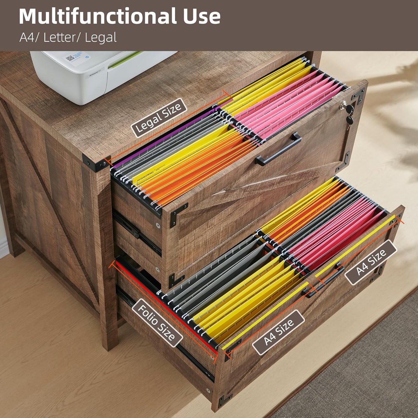 JXQTLINGMU 2 Drawer Farmhouse File Cabinet, Lateral Filing Cabinet with Lock for Home Office, Compatible Legal Letter A4 F4 Size, Warm Brown