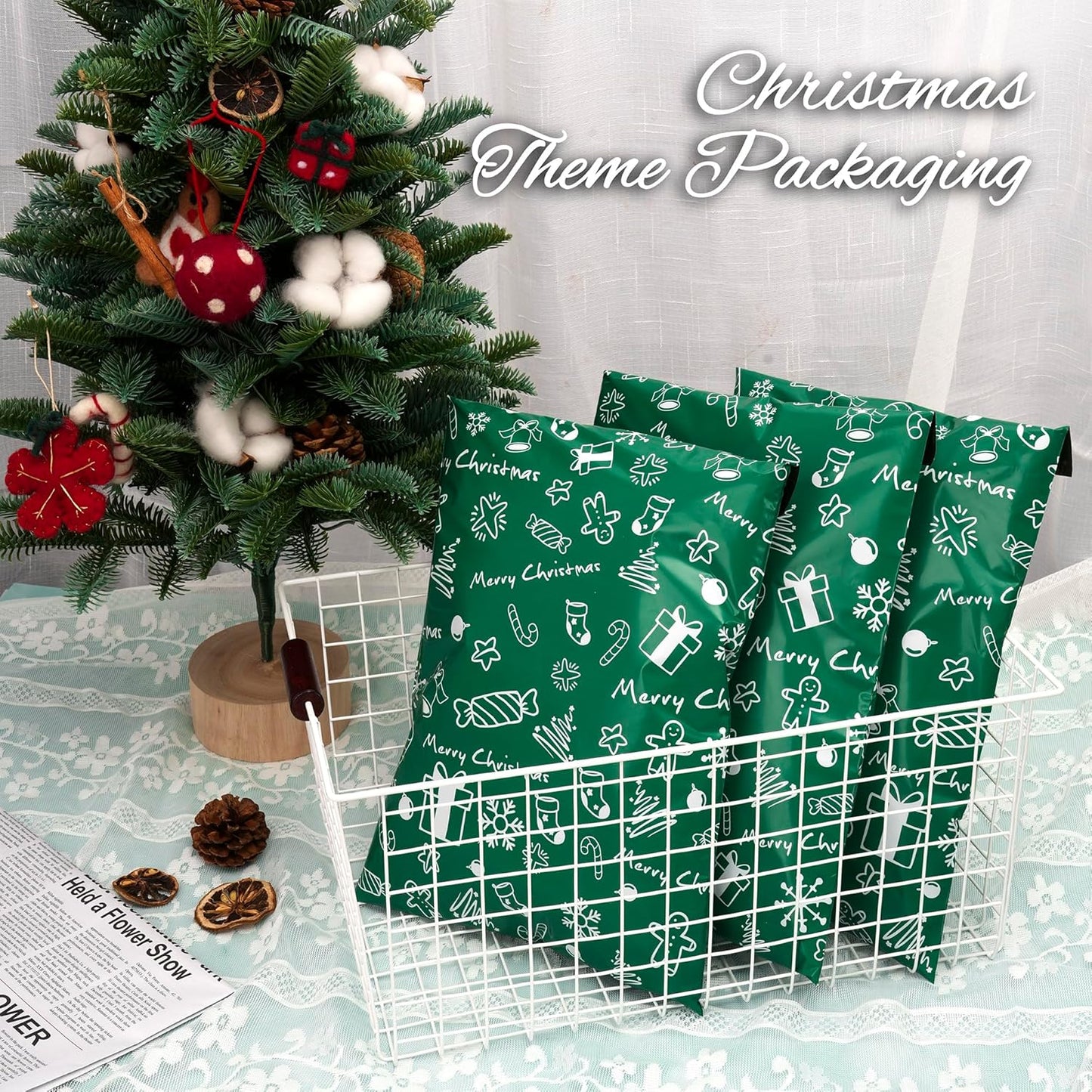 Christmas Poly Mailer 10x13 Inch 100 Pcs, Waterproof Shipping Bags for Clothing, Tear-Resistant Mailier Bags, Strong Mailing Bags with Self-Seal - Green Merry Christmas
