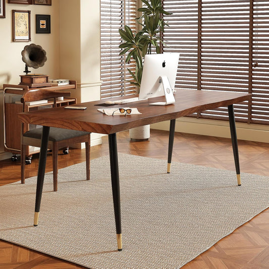Solid Wood Desk 55 inches, Home Office Computer Desk Wooden Rustic Writing Desk Metal Modern Simple Design Executive Real Wood Desk(Walnut)