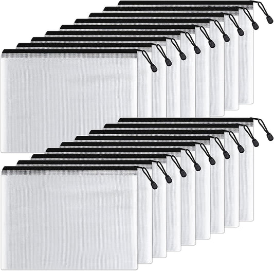 SUNEE Plastic Mesh Zipper Pouch 10x14 in (Black, 18 Packs),Extra Large Water-Resistant Zip Bag for School Office Supplies, Puzzles & Games Organizing Storage