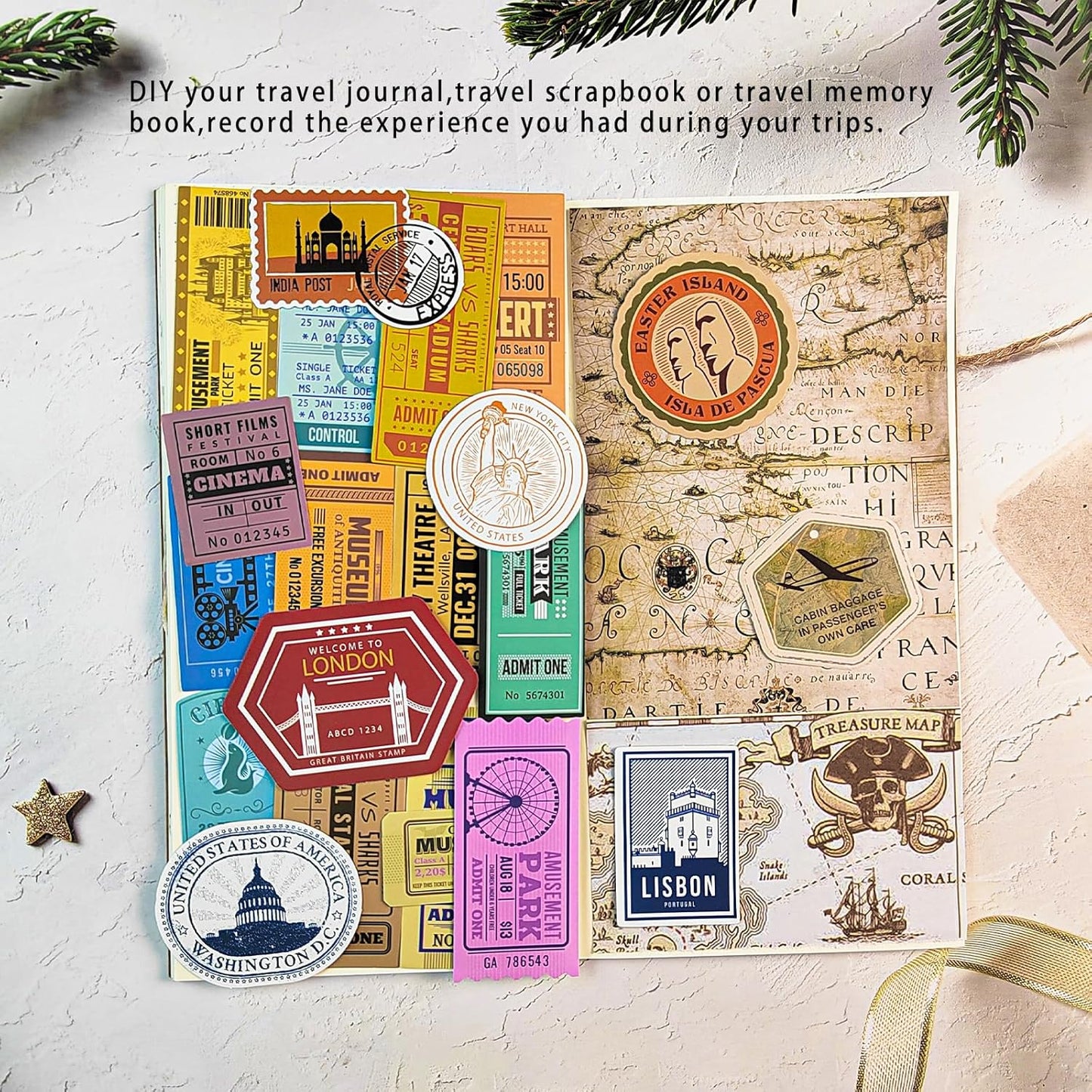 Prstincol 300 Pcs Vintage Travel Stickers Ticket Stickers for Journaling,Luggage Sticker Stub Vintage Sticker for Junk Journal Crafts Laptop Water Bottle Album Scrapbook