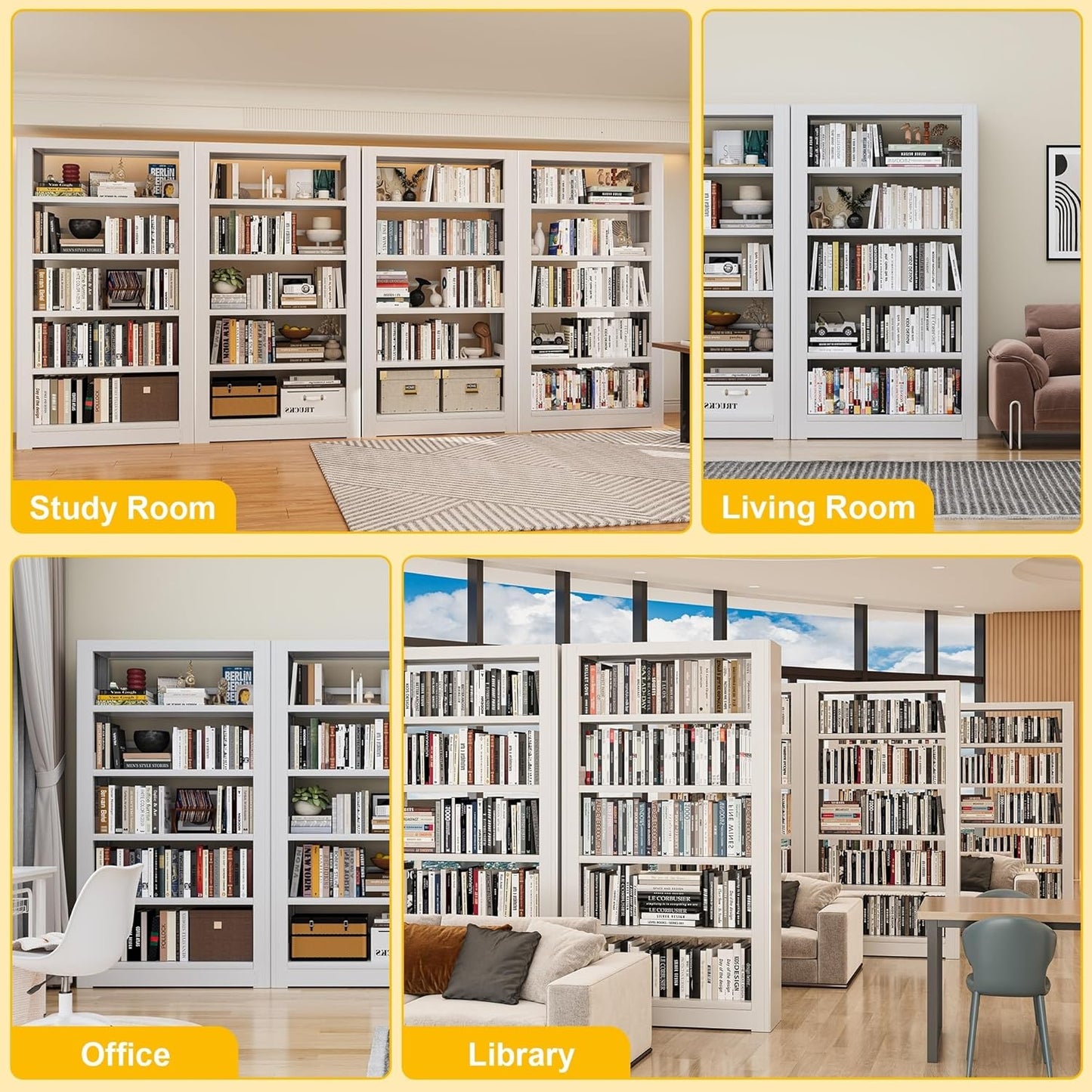 Metal Bookshelf, Adjustable 69" Tall Bookcase, 5 Tier Heavy Duty White Book Shelf with Book Stopper, Industrial Book Shelves for Living Room, Library, School, Office