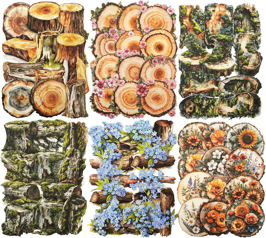 Nature Wood Slice Sticker Set, 120PCS Vintage Designs with Flowers, Moss, Logs and Botanical Elements for Journaling, Scrapbooking and Crafts