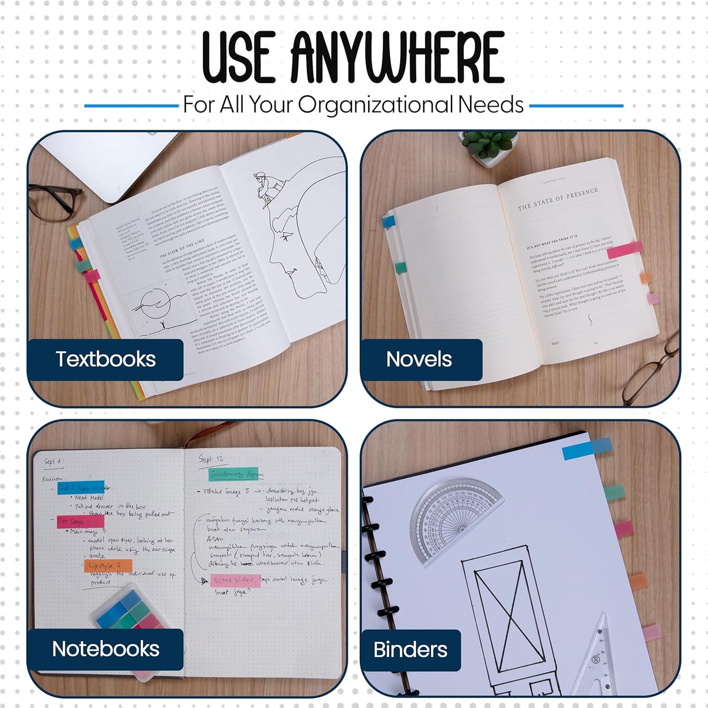 Essex Wares - 300 Pieces - Transparent Sticky Notes Tabs with Case - 5 Bold Colors - 3 Cases - 1.8" x 0.4" - 60 Pieces Each Color - Pop Up Index Tabs - Book Flags for Annotating - Book Sticky Tabs