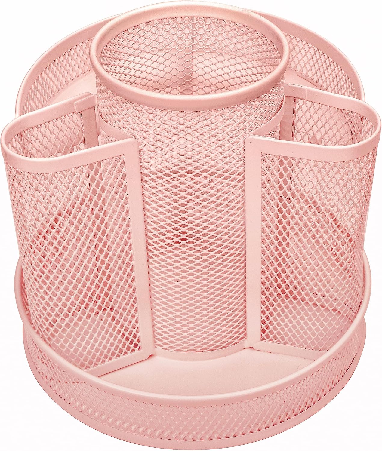 Annova Mesh Desk Organizer Rotate with 5 Compartments Round Spinning Tidy Candy/Pen Holder Desk Accessories Office, Art Supply, Storage, Classroom, Home (Light Pink)