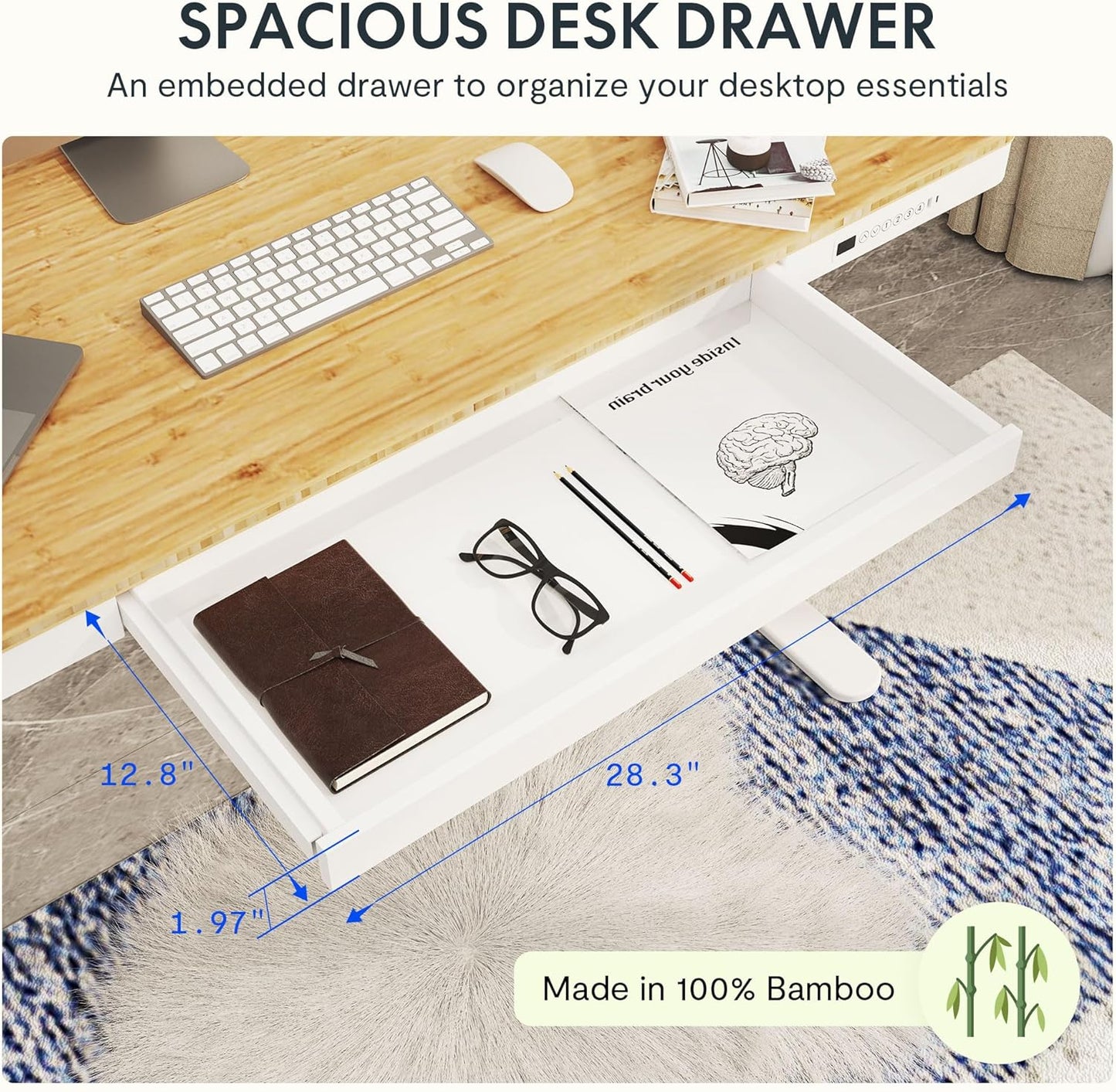 SANODESK Standing Desk with Drawer,Dual Motor 3 Stage Electric Height Adjustable Home Office Desk with Storage & Wireless Charging, 55 inch Bamboo Tabletop/White Frame