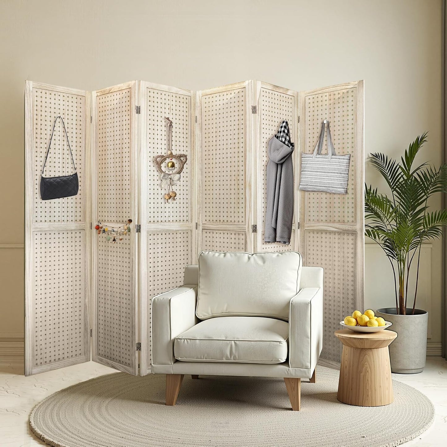 6 Panel Room Divider, 5.6FT Folding Room Divider Screen, Free Assembled Freestanding Partition for Home Office Bedroom, Tan