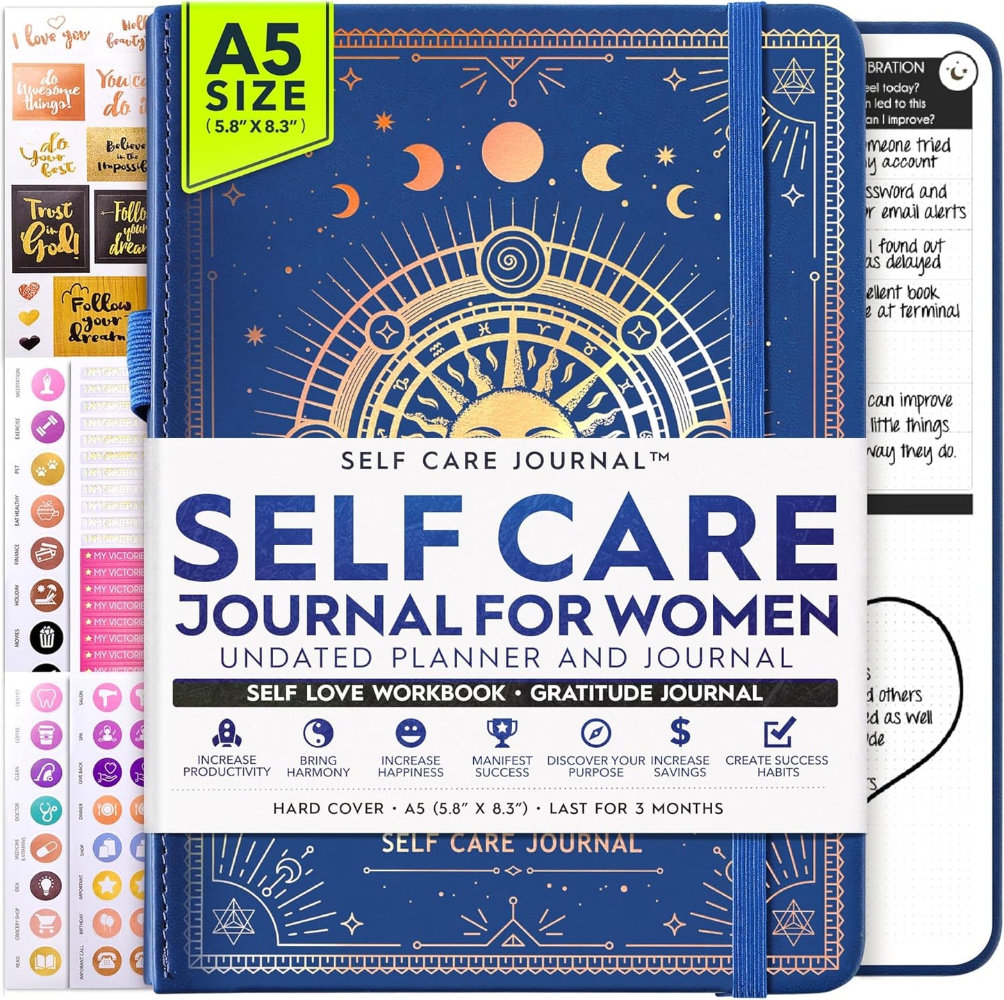 Self Care Journal - 5 Minute Mental Health & Manifestation Journal | 90-Day Undated Daily Planner for Positivity, Affirmations & Gratitude | Guided Mindfulness, Reflection | Vision Board + Stickers