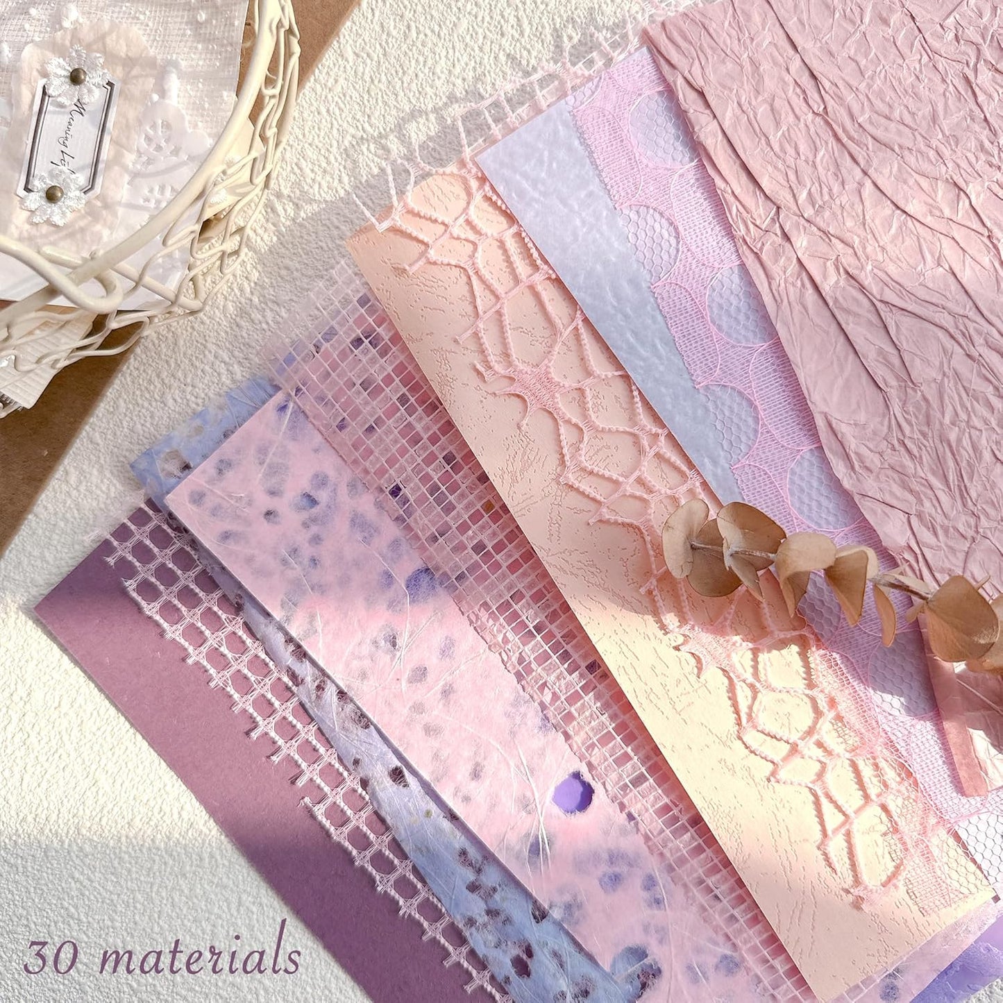 Aromoty 30 sheets A4 size Textured Scrapbook Paper&Mesh Fabric set - Large Handmade Craft Mulberry Special Paper Mix for Scrapbooking Junk Journal Supplies Card Materials Collage, 11.7x8.3 Inches