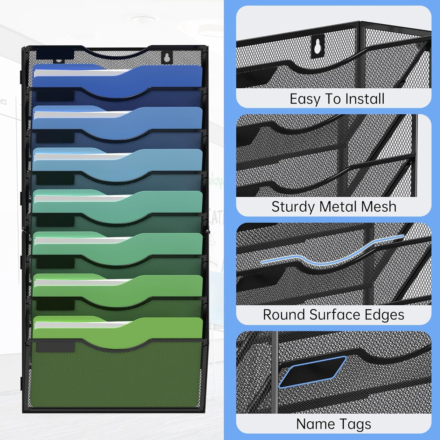 Kuntine.B Wall File Organizer Office Hanging Magazine Holder Wall File Organizer for Office Home (Black, 8 Tier)