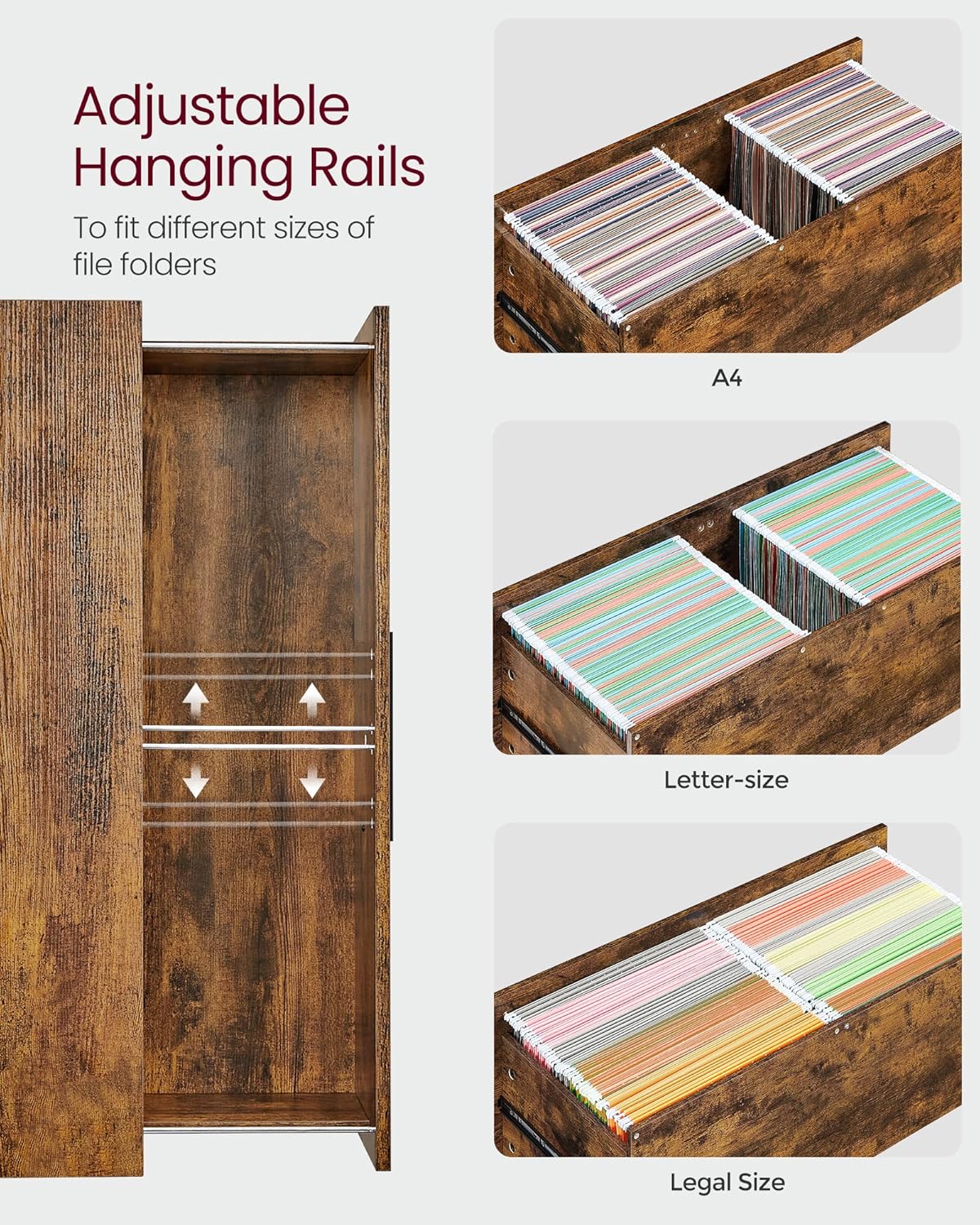 VASAGLE Lateral File Cabinet, Home Office Printer Stand, 2-Drawer Filing Cabinet, with Anti-tip Interlocking Mechanism, for A4, Letter-Size, Legal-Size Hanging Files, Rustic Brown and Ink Black