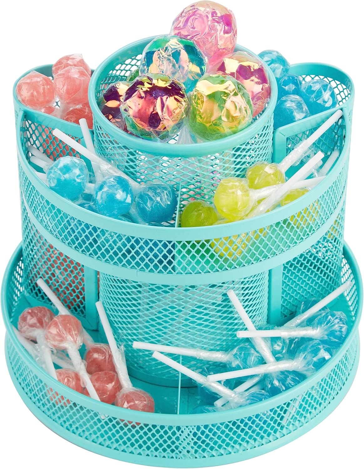 Annova Mesh Desk Organizer Rotate with 5 Compartments Round Spinning Tidy Candy/Pen Holder Desk Accessories Office, Art Supply, Storage, Classroom, Home (Turquoise)