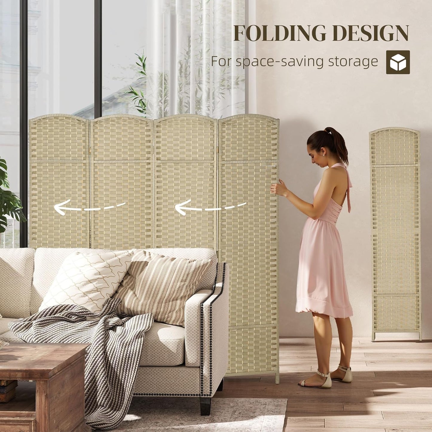 HOMCOM Room Divider, 4 Panel Folding Privacy Screen, 5.6' Tall Freestanding Partition for Home Office, Bedroom, Beige