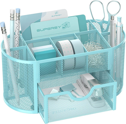 SUPEASY Mesh Desk Organizer, Desk Accessories & Workspace Organizers with Drawers, Pencil Holder for Desk with 9 Compartments for Office Suppliess, 8.6 x 4.3 x 4.1 Inch, Blue