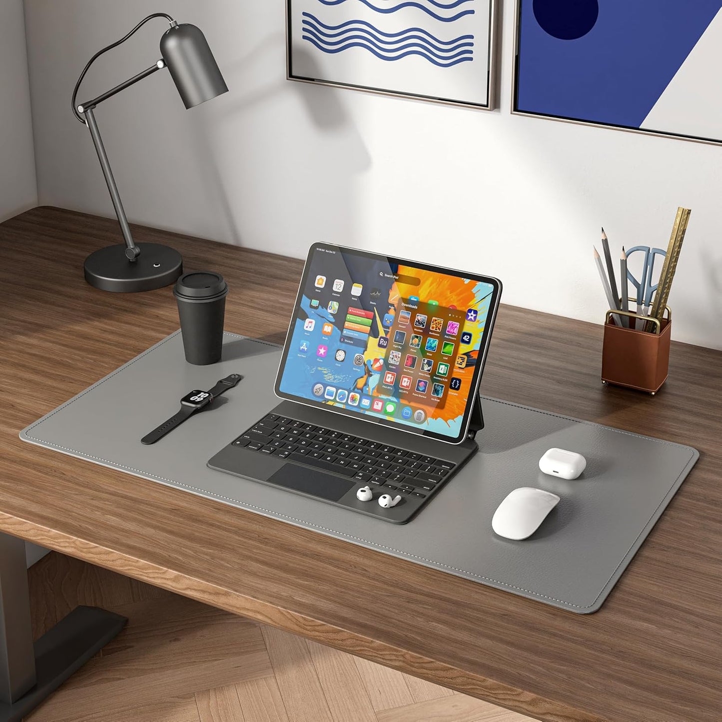 DAWNTREES Desk Mat Protector,PU Leather Laptop Pad,Non Slip, 23.6" x 13.8" Large Mouse Pad and Keyboard Mat, Waterproof Writing Pad for Office and Home (Dark Gray)