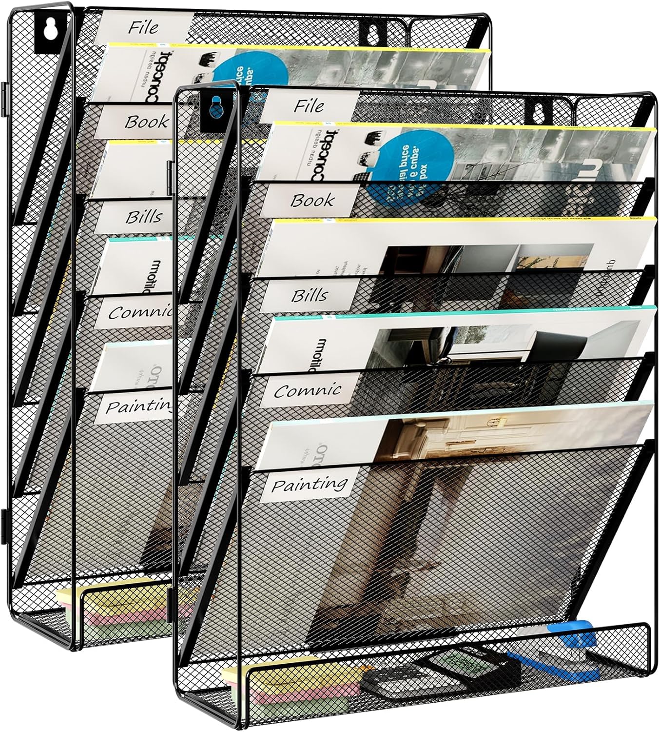 EasyPAG 5-Tier Wall File Holder, Mesh Hanging Folder Organizer with Classify Label, Versatile Desk File Organizer for Office Home, Vertical Wall Mounted Mail Sorter, Easy Assembly, 2 Pack Black
