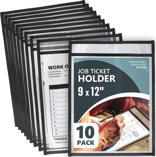 10 Pack Job Ticket Holders 9x12 - Reusable Dry Erase Pocket Sleeves for Shop, Office & Classroom - Clear Work Order Plastic Sleeves & Shop Ticket Holders with Hanging Eyelet