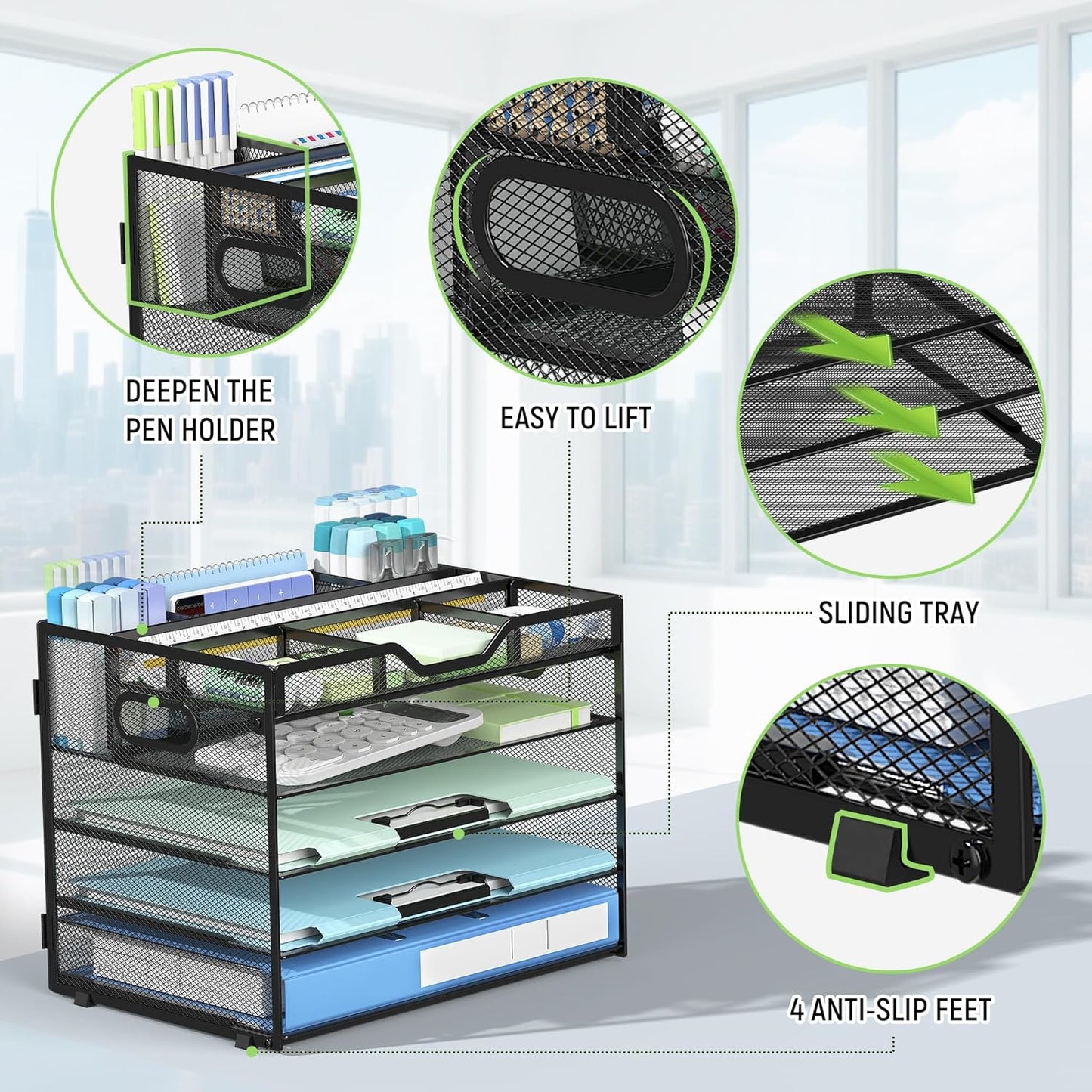 Docnest 5 Tier Mesh Desk Organizer- Letter Tray with Adjustable Compartments, Mesh Desktop Storage Built in Pen Holder and Handles, Desk Organizer Tray for Mail Documents Office Supplies-Black