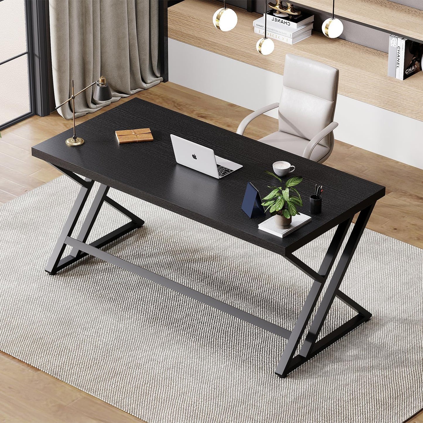 LVB Black Desk, Modern Gaming Writing Computer Desk for Home Office, Metal Wood Study Work PC Computer Table for Bedroom, Industrial Executive Student Workstation Desk, 47 Inch, Black Oak