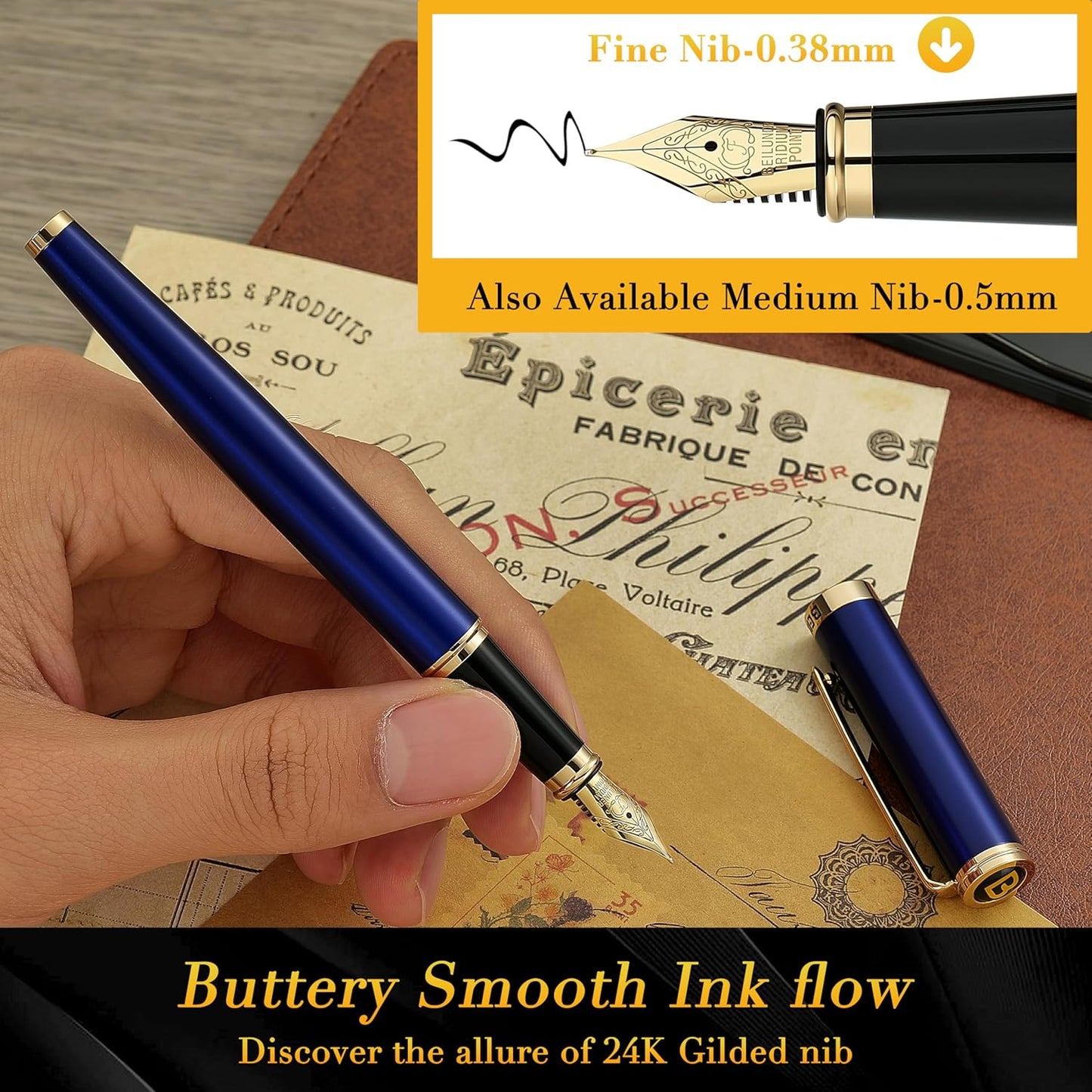 BEILUNER Blue Personalized Fountain Pen,Stunning Luxury Lacquer,24K Gilded Nib(Fine),Gorgeous 24K Gold Finish, Ink Converter,Fancy Gift for Men&Women-Elegant, Graduation,Nice Pens for Writing