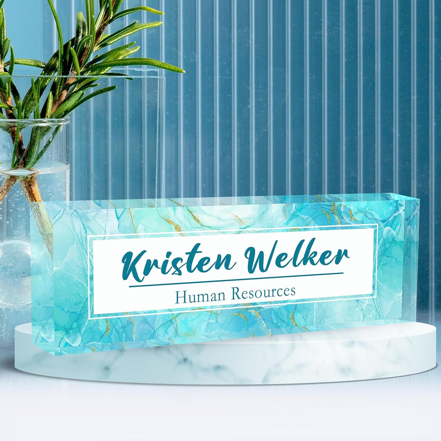 Desk Name Plate Personalized, Premium Gradient Blue Marble Acrylic Desk Name Plate, Personalized Name Plate for Desk, Office Decor for Women or Men Coworkers, Boss, Employee, Teacher