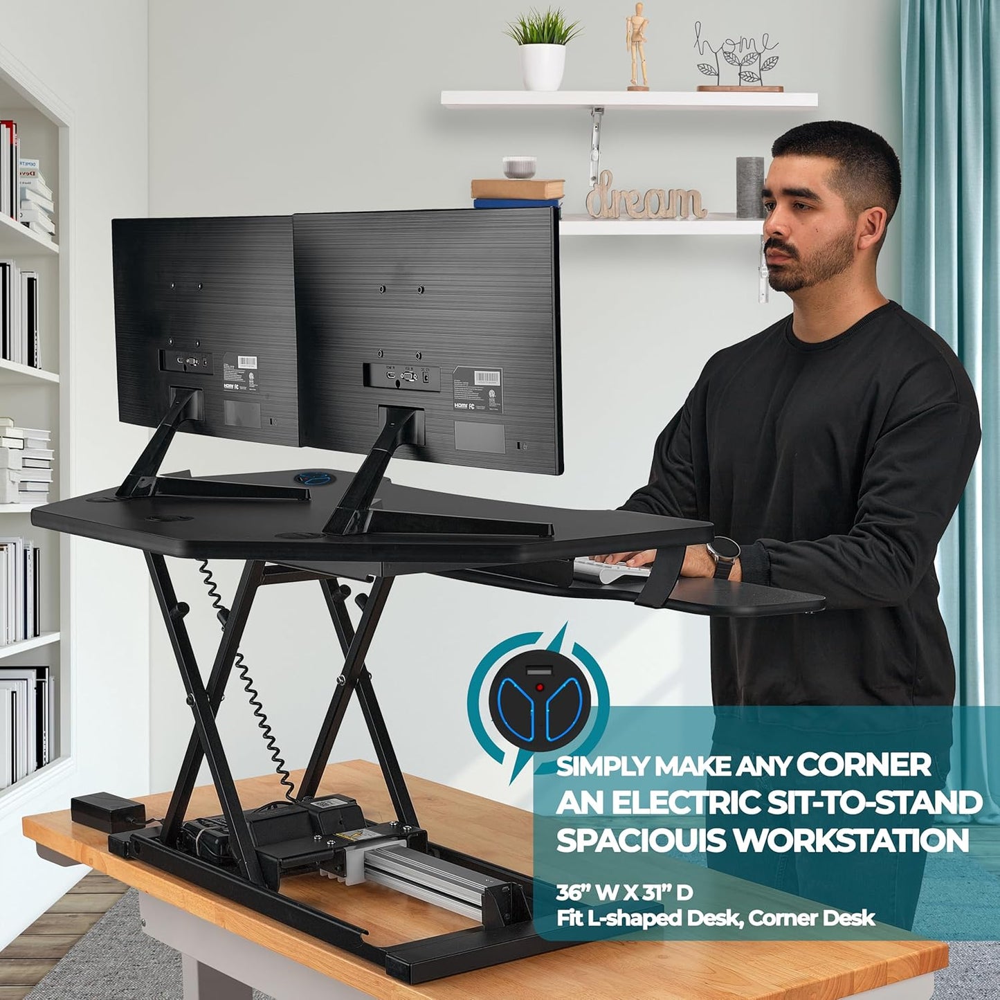 VERSADESK® PowerPro™ 36" Corner Standing Desk Converter, 36 Inch Motorized Height-Adjustable Standup Desk Riser Sit to Stand Desktop with Keyboard and Mouse Tray + USB Charging Port, Black