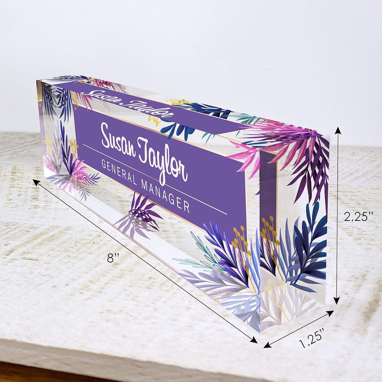 Artblox Office Desk Name Plate Personalized | Custom Name Plates for Desks | Purple Leaf Design On Clear Acrylic Glass | Office Desk Decor - (8" x 2.5")