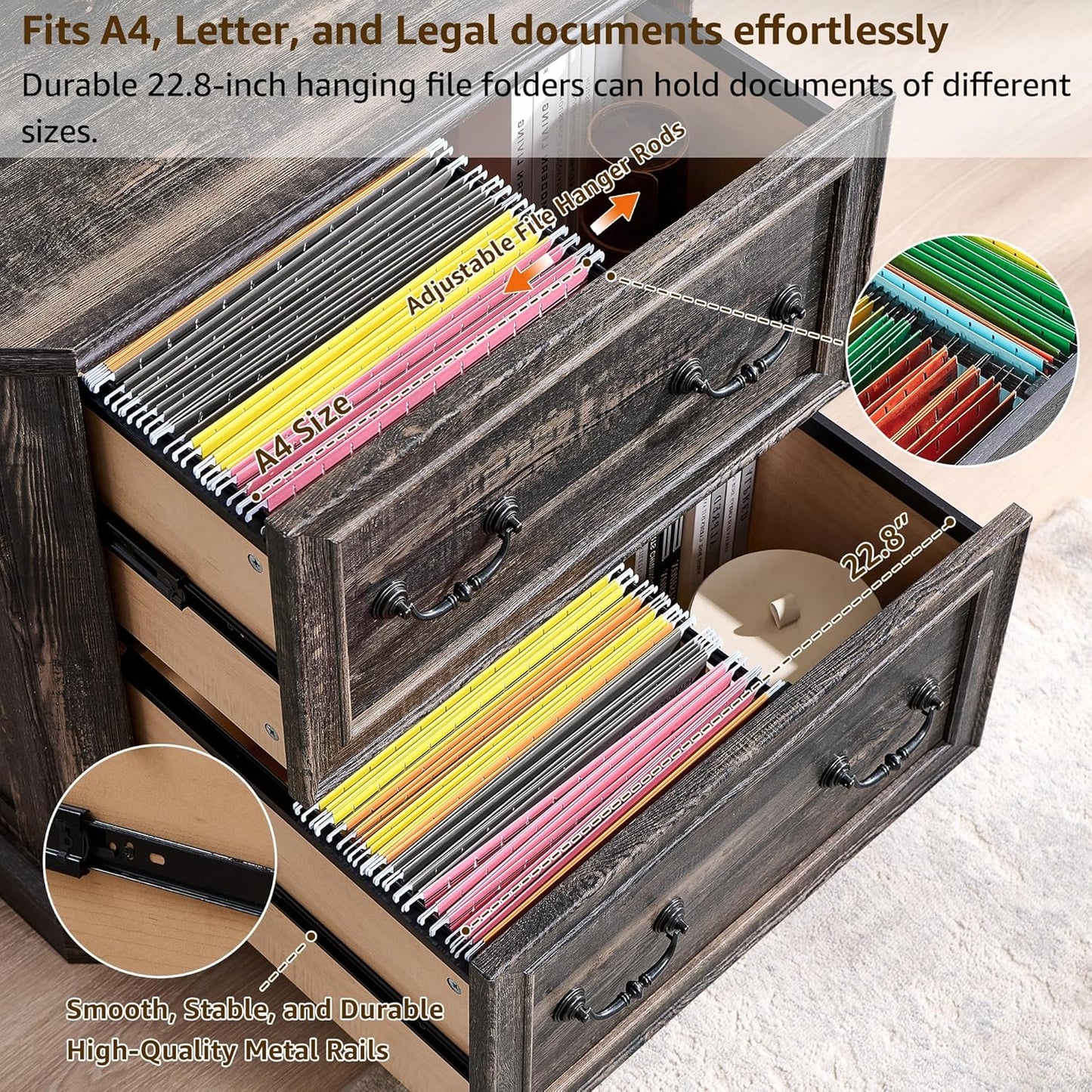 T4TREAM 2 Drawer File Cabinet-30 Wide Wooden Extended Desktop, Farmhouse Filing Cabinet with Smooth Rails, Holds Letter/Legal/A4, Hexagonal Design & Framed Drawer Fronts, Dark Rustic Oak