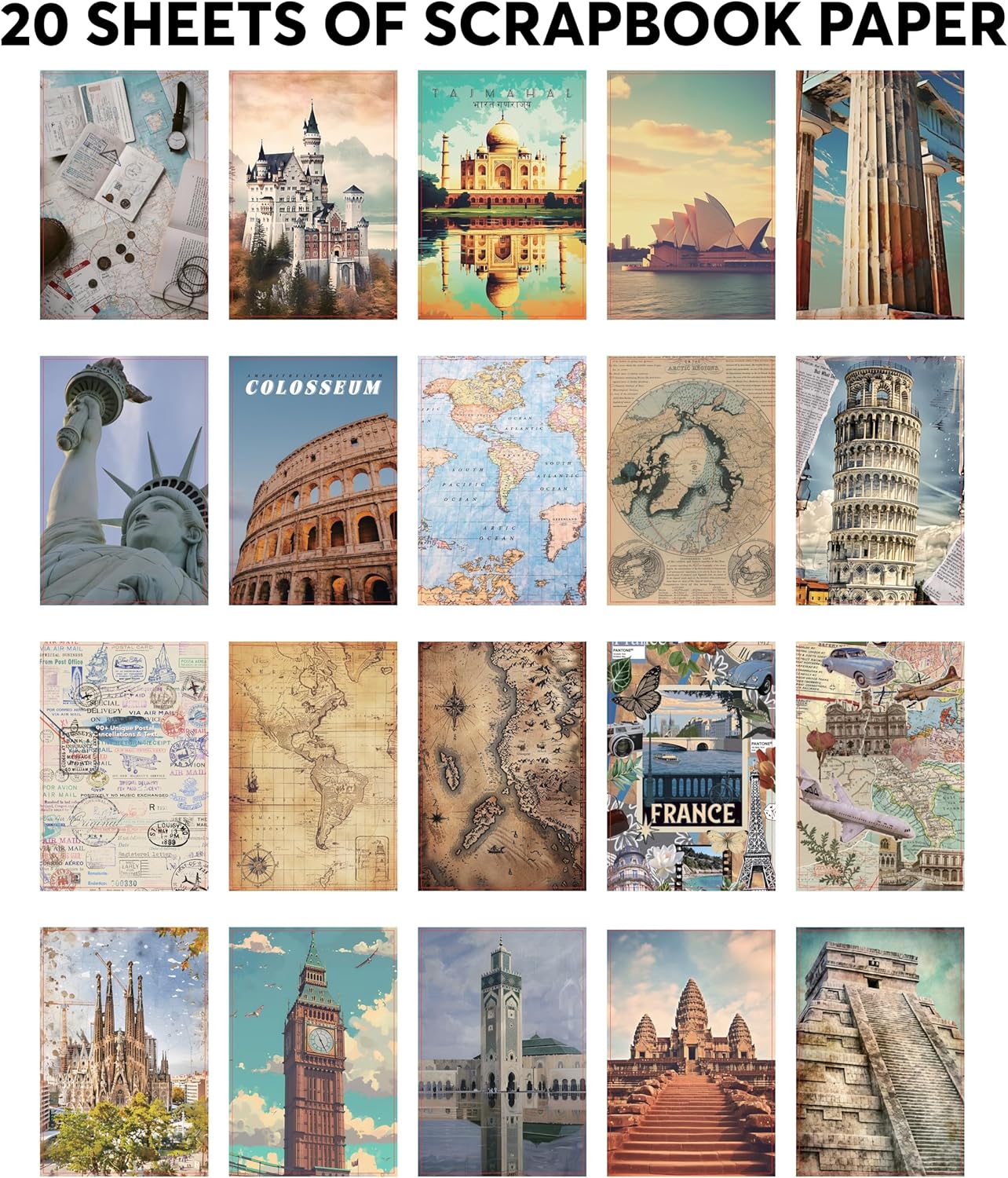 300+ Travel Stickers & 20 A5 Papers - Pre-Cut Washi Stickers for Journaling & Vintage Travel Scrapbooking