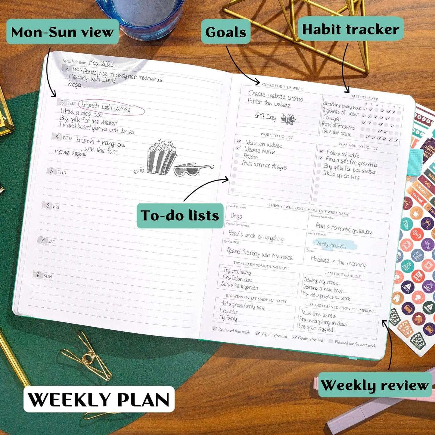 Legend Planner PRO – Deluxe Weekly & Monthly Life Planner to Increase Productivity and Hit Your Goals. Time Management Organizer Notebook – Undated – 7 x 10" Hardcover + Stickers – Mint Green