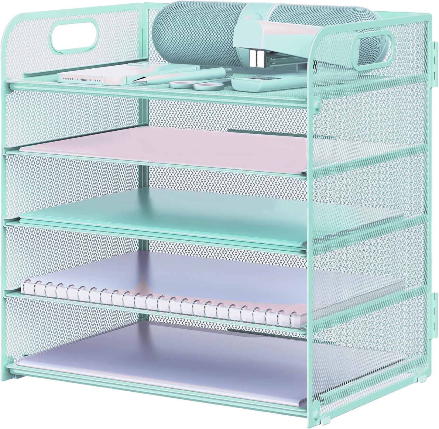 Letter Tray Paper Organizer 5-Tier Desk Organizer File Organizer Paper Holder with Handle, Metal Desktop Document Shelf Tray Office Classroom Organization - Blue