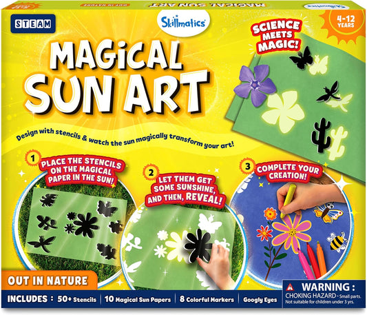 Skillmatics Sun Paper Art Kit - STEM Craft Kit for Kids with Decorative Paper, Stencils & Markers, Create with Sunlight, Mess-Free, Indoor Fun, Gifts for Ages 4, 5, 6, 7, 8, 9, 10, 11, 12