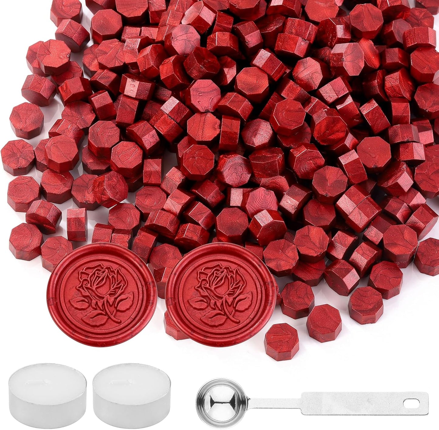 Yoption 300 Pieces Wind Red Wax Seal Beads, Vintage Octagon Wax Seal Beads with 4 Candles and 2 Wax Seal Melting Spoons for Wax Seal Stamps (Wind Red)