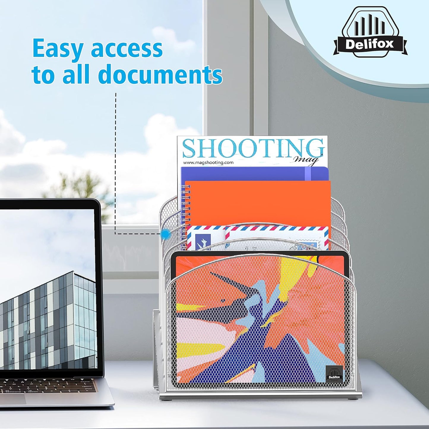 Inclined Desk File Organizer, 5-Section Vertical File Folder Holder Stand Metal Rack File Sorter for Office Classroom Desktop Organization (Silver, 1Pack)