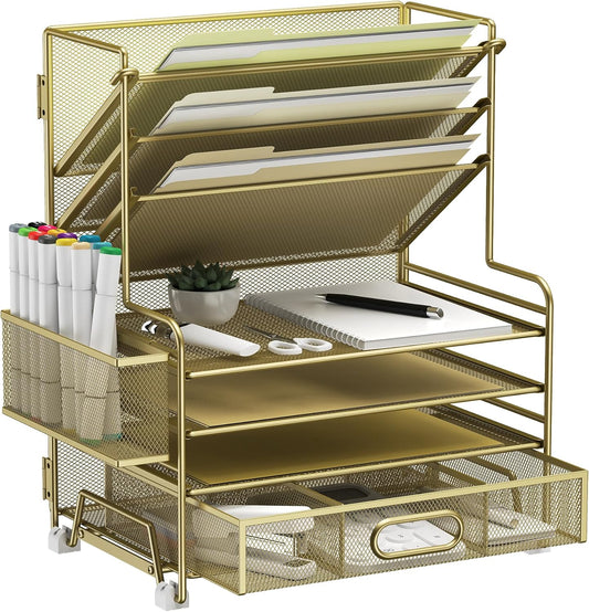 4-Tier Paper Organizer + 3-Pocket File Holder + Drawer + Pen Holders, Desktop File Organizers Paper Tray for Office Supplies School Classroom Organization (Gold, with Drawer & Pen Holder)