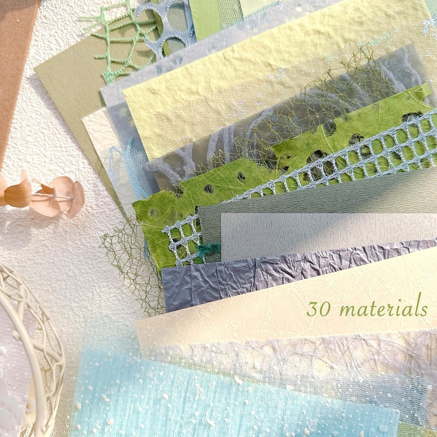 Aromoty 30 sheets A4 size Textured Scrapbook Paper&Mesh Fabric set - Large Handmade Craft Mulberry Special Paper Mix for Scrapbooking Junk Journal Supplies Card Materials Collage, 11.7x8.3 Inches