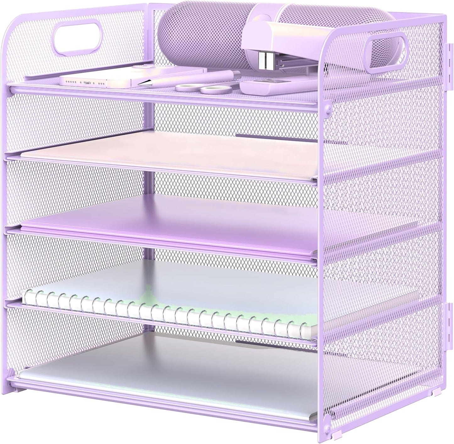 Letter Tray Paper Organizer 5-Tier Desk Organizer File Organizer Paper Holder with Handle, Metal Desktop Document Shelf Tray Office Classroom Organization - Purple